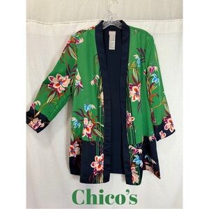 Chicos Green Floral Kimono Jacket Boho Layering Piece Size 1